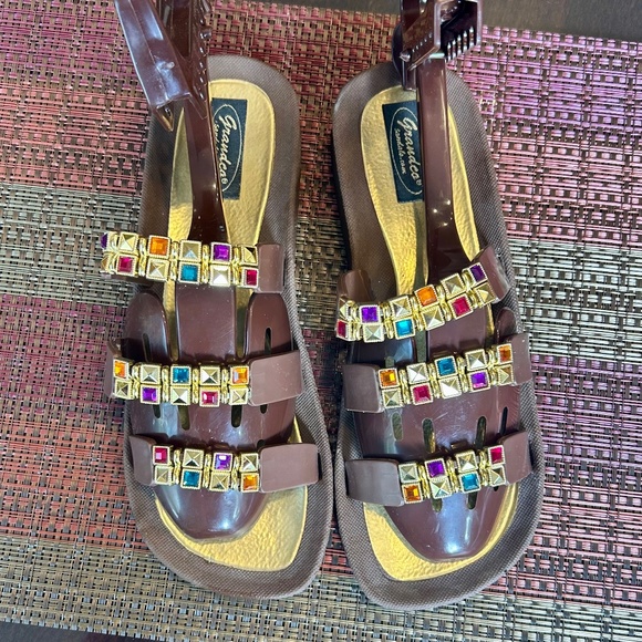 Grand Co Brown Sandals with Multiple-Coloured Gems Size 9 - Picture 2 of 10